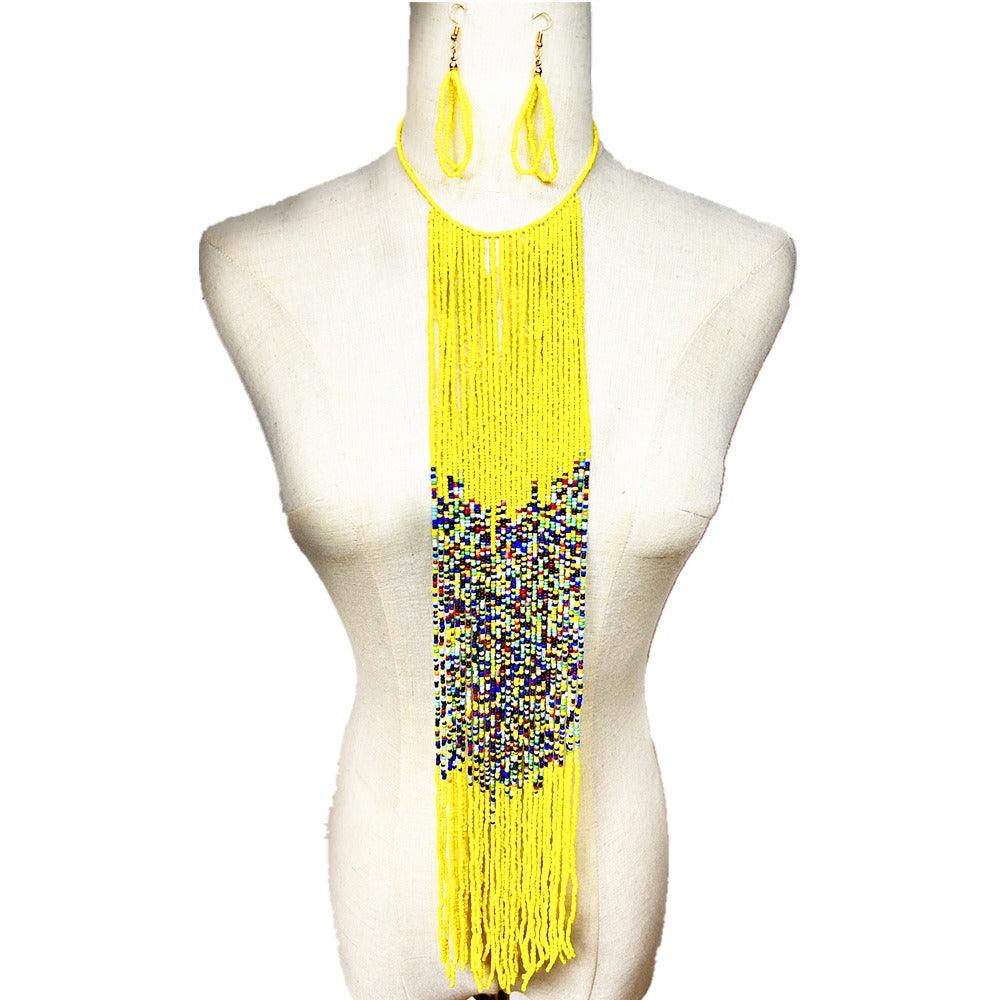 African Style Colorful Bead Necklace Set Long Tassel Sweater Chain - Miami beauty1