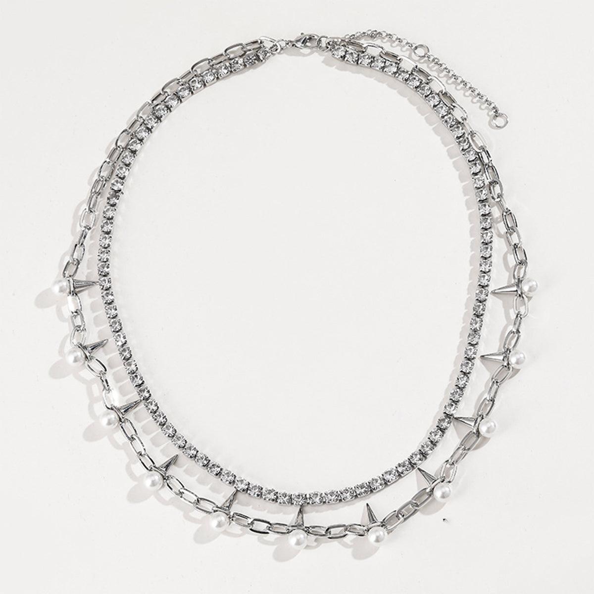 Rhinestone Double-Layered Necklace - Miami beauty1