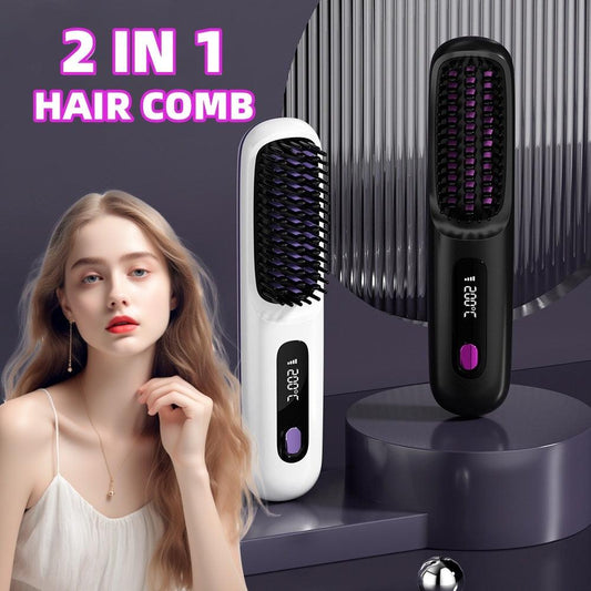 2 In 1 Straight Hair Comb Wireless Hair Straightener Brush Hair Fast Heating Portable Hot Curler USB Charging - Miami beauty1