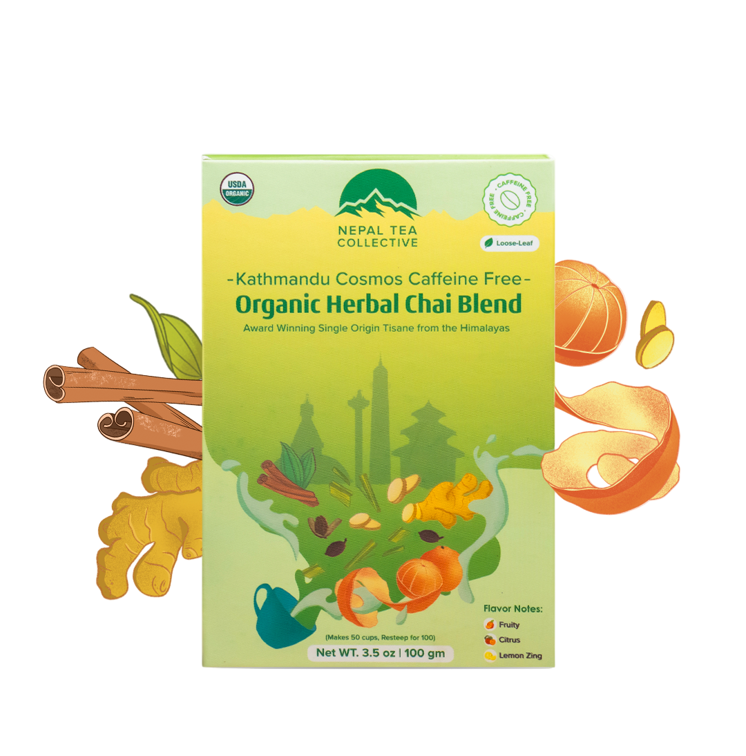 Nepal Tea Collective organic herbal chai blend packaging with USDA Organic label