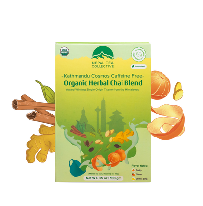 Nepal Tea Collective organic herbal chai blend packaging with USDA Organic label