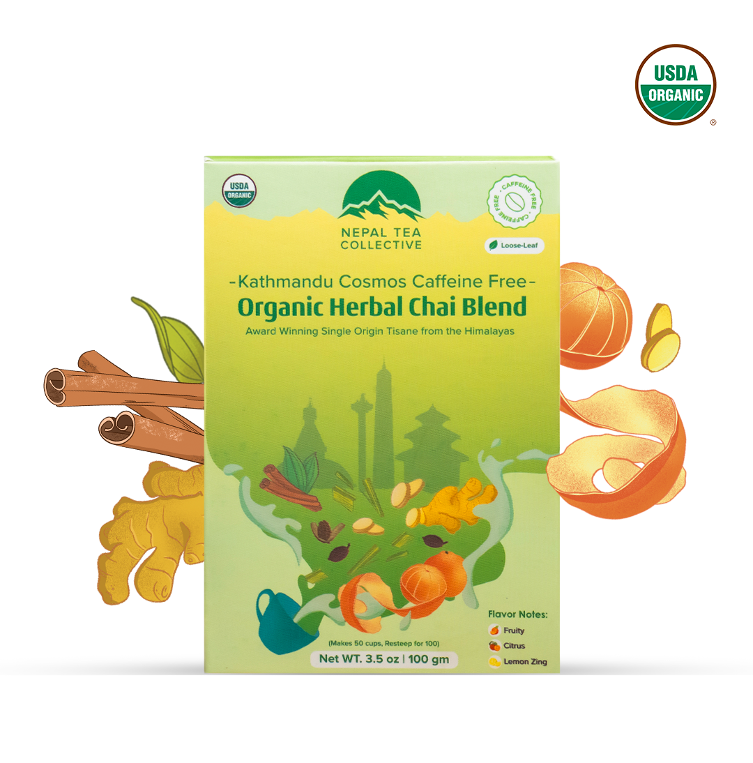 Nepal Tea Collective organic herbal chai blend packaging with USDA Organic label