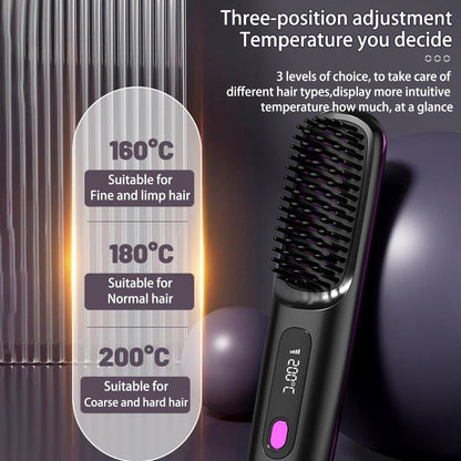 2 In 1 Straight Hair Comb Wireless Hair Straightener Brush Hair Fast Heating Portable Hot Curler USB Charging - Miami beauty1