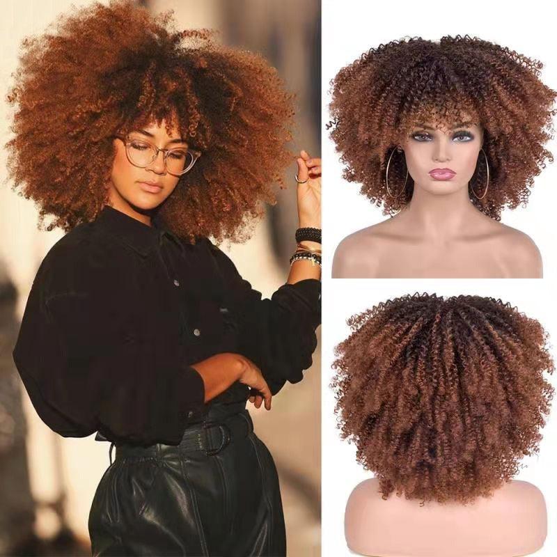 Female Hair African Small Curly Hair Explosion Head Black Chemical Fiber Wig Full Head Set - Miami beauty1