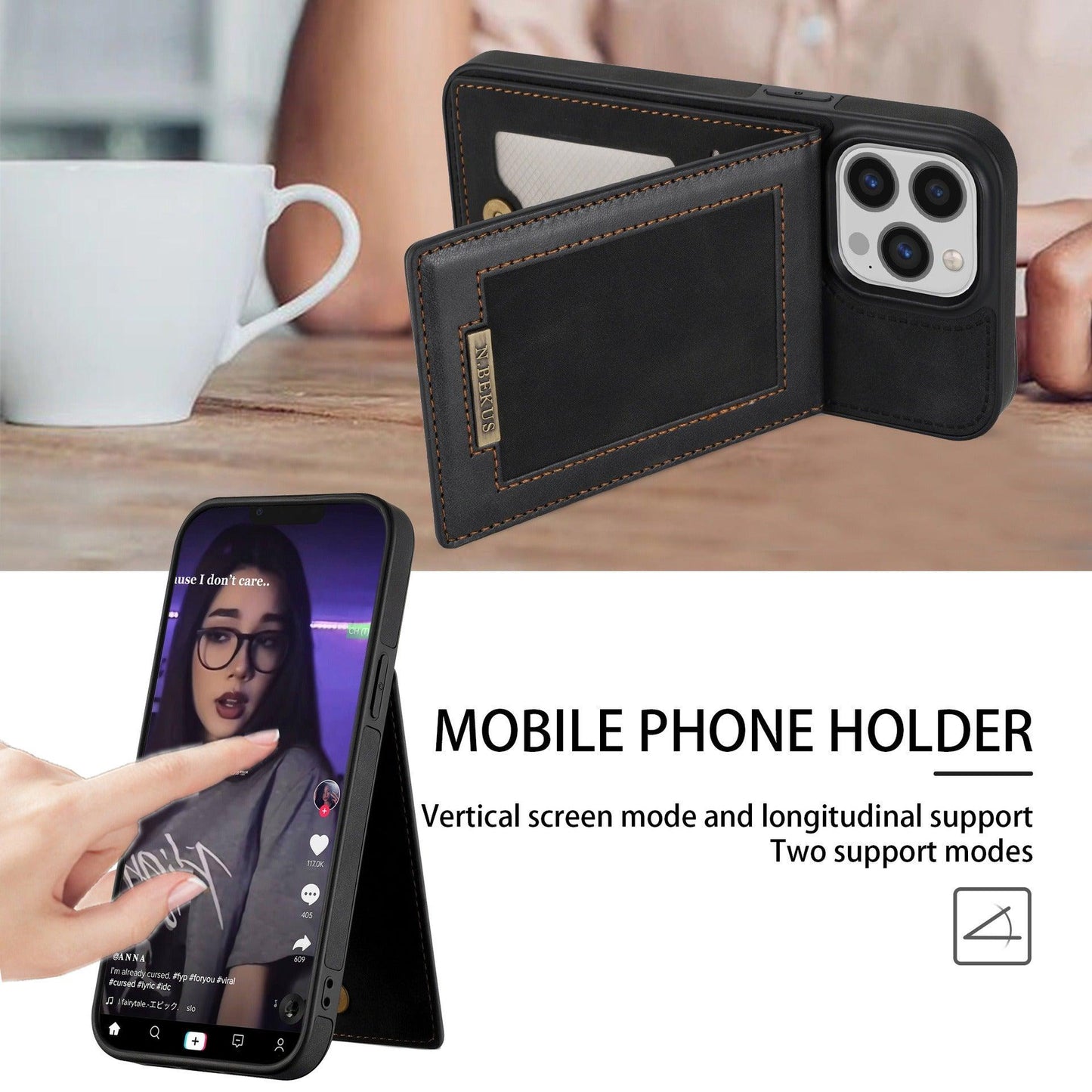 For iPhone 14ProMax Card Holder Phone Leather Case Samsung S23Ultra Photo Frame Magnetic Buckle Protective Case - Miami beauty1