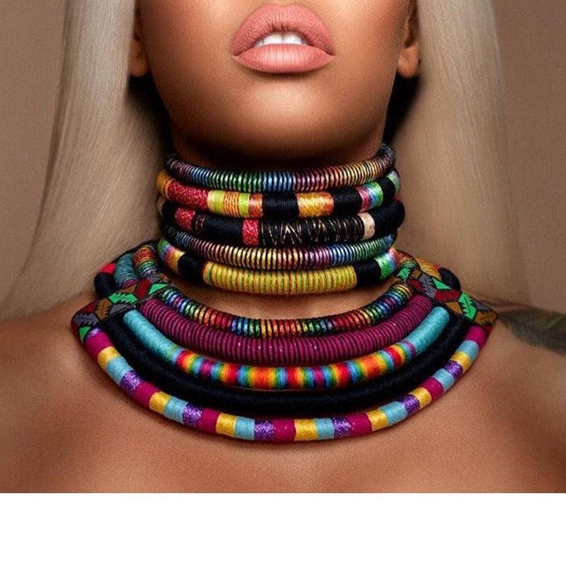 Hand woven collar African style color line magnetic buckle necklace set European and American exaggerated necklace - Miami beauty1