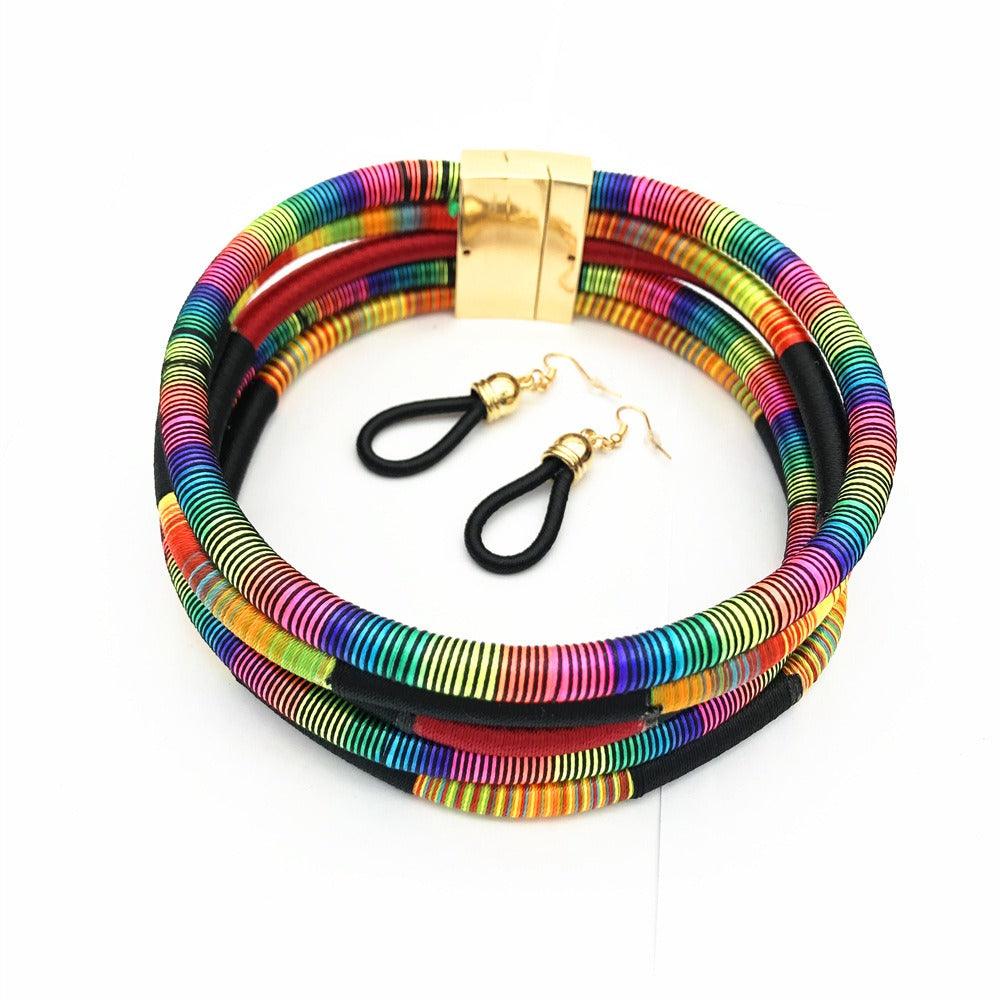 Hand woven collar African style color line magnetic buckle necklace set European and American exaggerated necklace - Miami beauty1