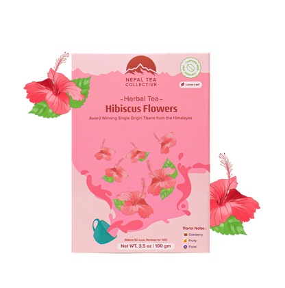 Nepal Tea Collective Hibiscus Flowers tea package with floral design on a white background