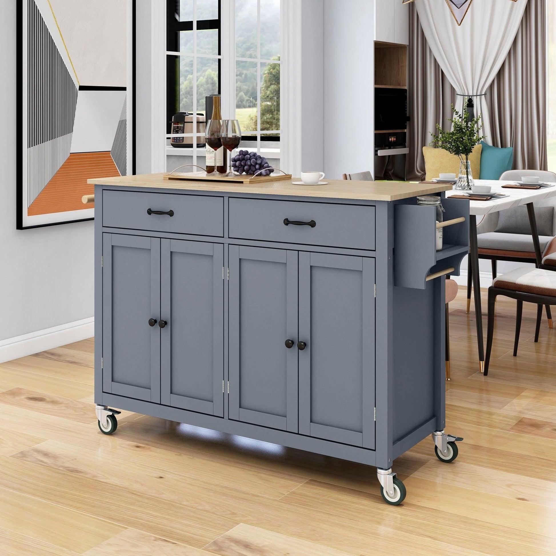 Kitchen Island Cart with Solid Wood Top and Locking Wheels 54.3 Inch Width (Grey Blue) - Miami beauty1