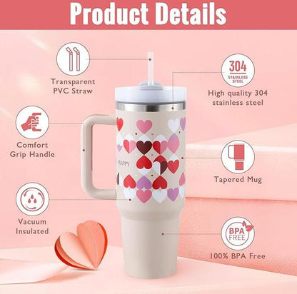 Ochapa 40 Oz Tumbler With Handle Straw Insulated, Stainless Steel Spill Proof Vacuum Coffee Cup Tumbler With Lid Tapered Mug Gifts For Valentine Lover Suitable For Car Gym Office Travel - Miami beauty1