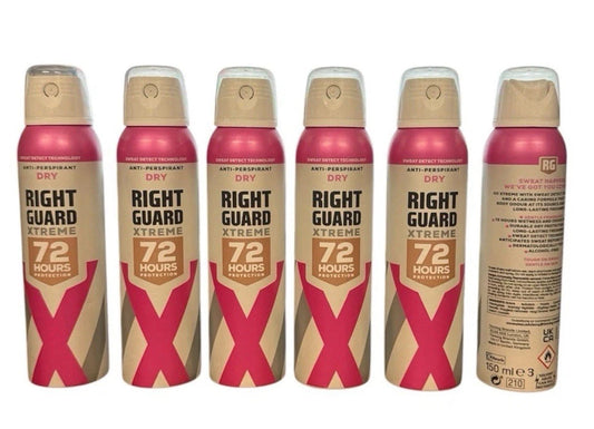 Right Guard Dry Deodorant 0% Alcohol 72H Anti-Perspirant Spray 6 Pack 150 ML