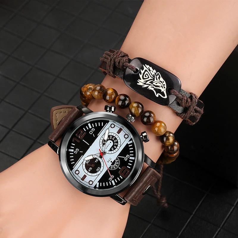 Luxury Customized Watch for Men Bracelet Set Quartz Wristwatches Black Leather Business Boy Gift Reloj Hombre - Miami beauty1