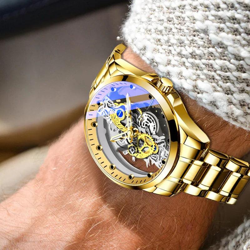 Hot Custom Wholesale Men Gold Skeleton Automatic Quartz Wrist Watches Luxury - Miami beauty1