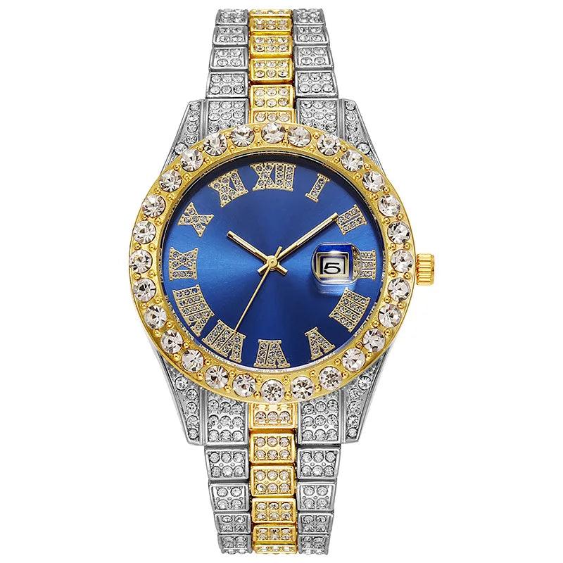 Hip Hop Gold Silver Color Quartz Watch Diamond Cubic Zirconia Watches Fashion Stainless Steel For Gift - Miami beauty1