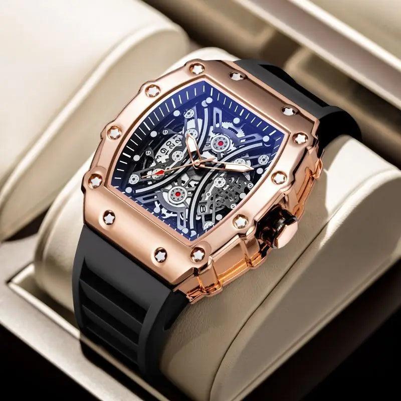 Luxury Tonneau-shaped Skeleton Quartz Wrist Watches For Men Waterproof - Miami beauty1