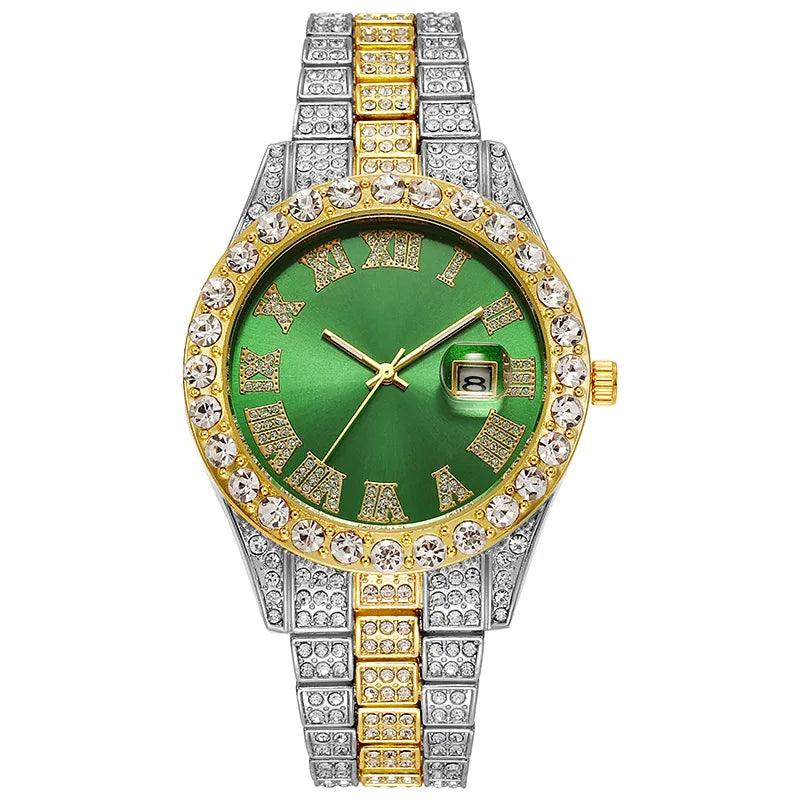 Hip Hop Gold Silver Color Quartz Watch Diamond Cubic Zirconia Watches Fashion Stainless Steel For Gift - Miami beauty1