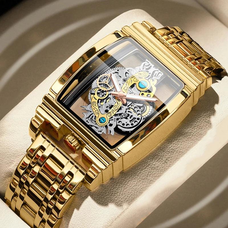 Brand Square Luxury Men Gold Tourbillon Skeleton Automatic Quartz Wrist Watches For Men - Miami beauty1