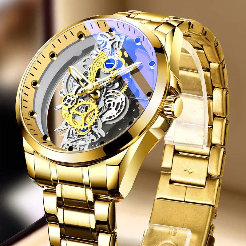 Hot Custom Wholesale Men Gold Skeleton Automatic Quartz Wrist Watches Luxury - Miami beauty1