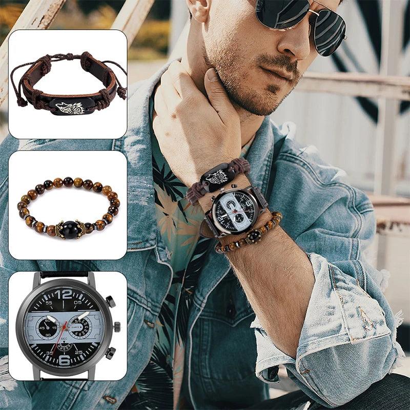 Luxury Customized Watch for Men Bracelet Set Quartz Wristwatches Black Leather Business Boy Gift Reloj Hombre - Miami beauty1