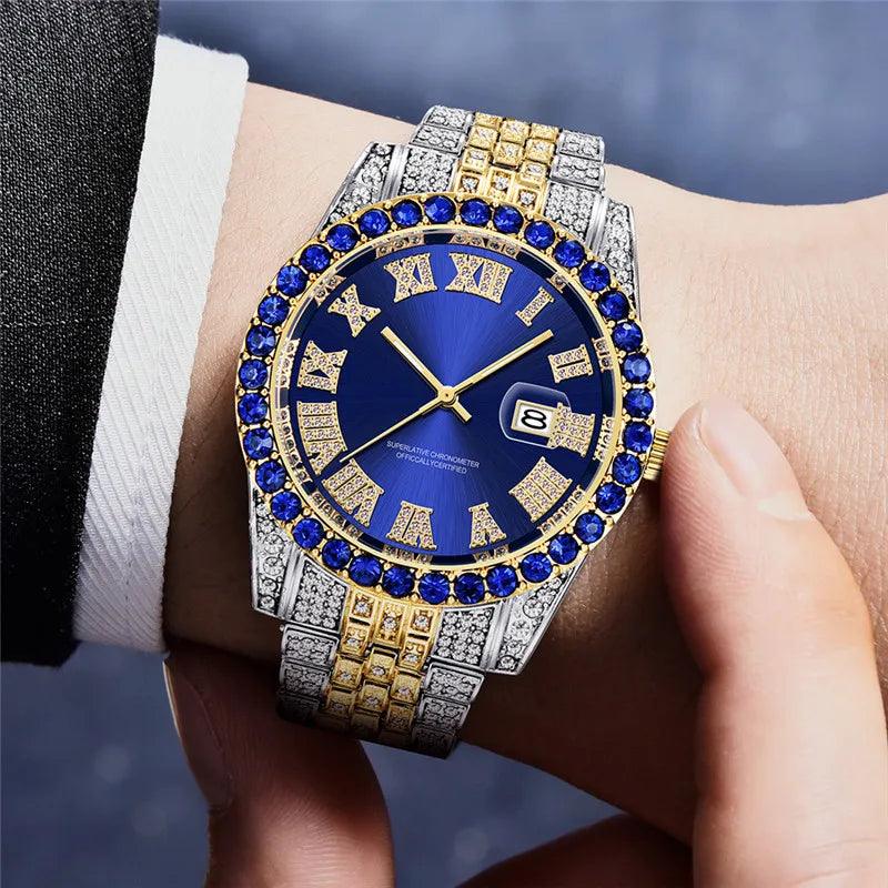 Hip Hop Gold Silver Color Quartz Watch Diamond Cubic Zirconia Watches Fashion Stainless Steel For Gift - Miami beauty1