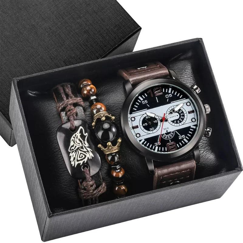 Luxury Customized Watch for Men Bracelet Set Quartz Wristwatches Black Leather Business Boy Gift Reloj Hombre - Miami beauty1