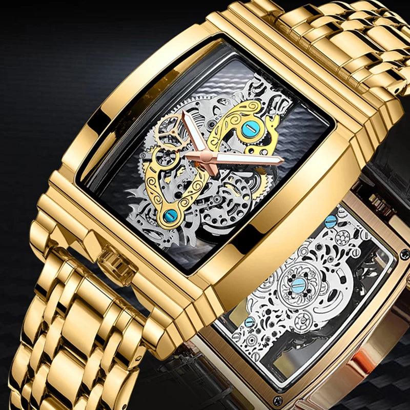 Brand Square Luxury Men Gold Tourbillon Skeleton Automatic Quartz Wrist Watches For Men - Miami beauty1