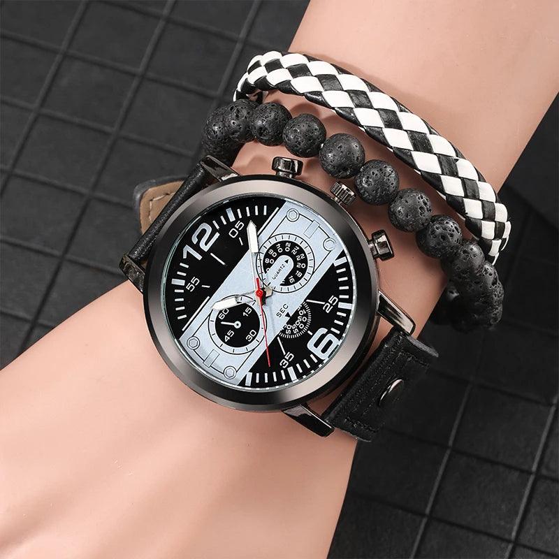 Luxury Customized Watch for Men Bracelet Set Quartz Wristwatches Black Leather Business Boy Gift Reloj Hombre - Miami beauty1