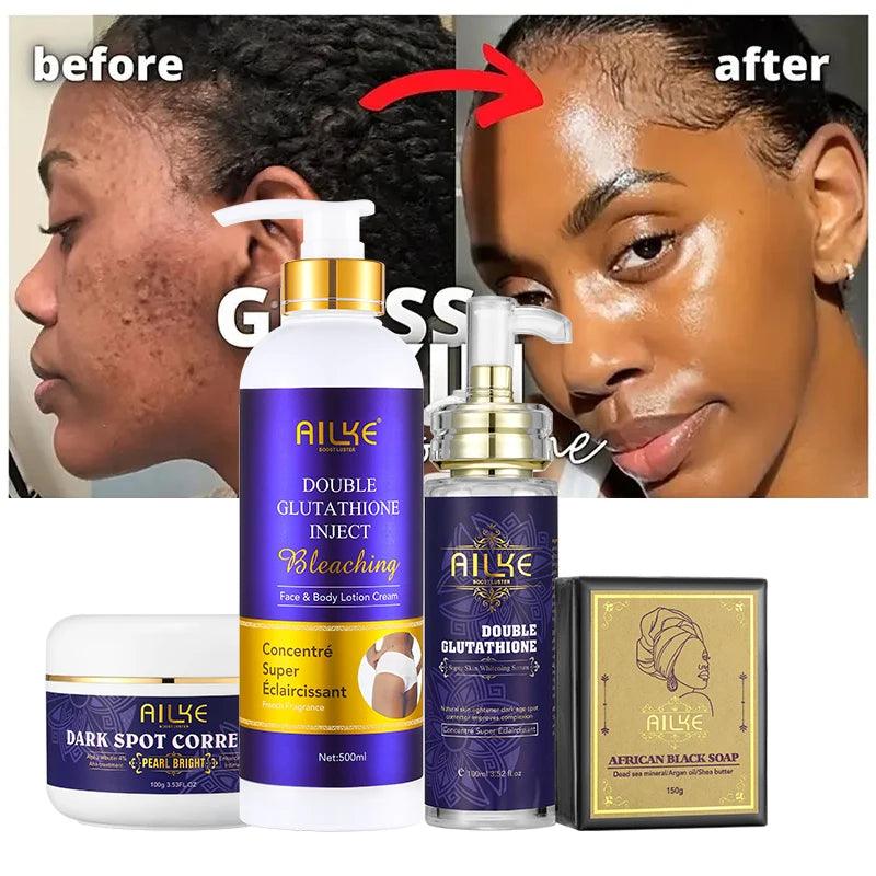 AILKE Body Care Collagen Serum Whitening Dark Spot Face Cream African Black Soap Bleaching Body Lotion Skin Care Set - Miami beauty1