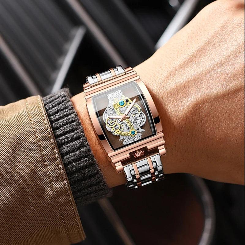 Brand Square Luxury Men Gold Tourbillon Skeleton Automatic Quartz Wrist Watches For Men - Miami beauty1