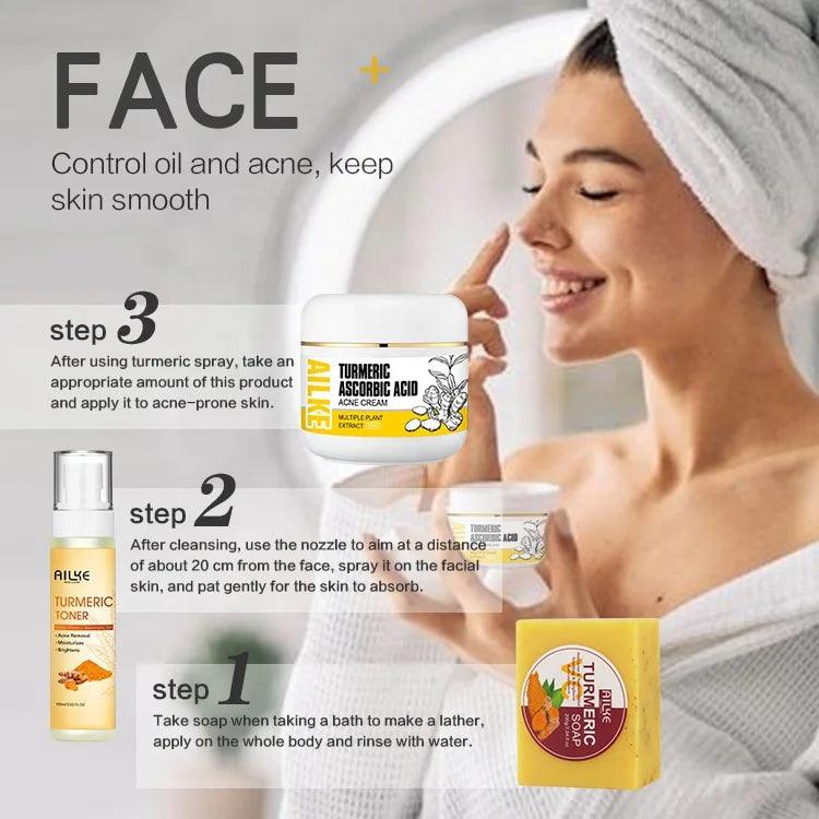 ailke OEM Beauty Product Tumeric Skin Care Whitening Cream Set Anti Acne Brightening Skin Care Set - Miami beauty1