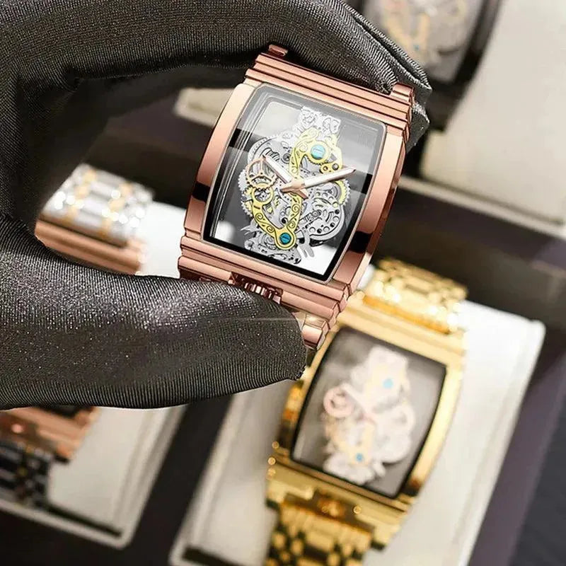 Brand Square Luxury Men Gold Tourbillon Skeleton Automatic Quartz Wrist Watches For Men - Miami beauty1