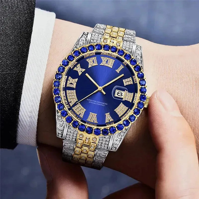 Hip Hop Gold Silver Color Quartz Watch Diamond Cubic Zirconia Watches Fashion Stainless Steel For Gift - Miami beauty1