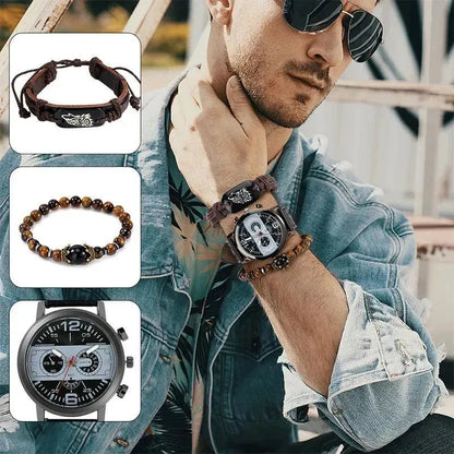 Luxury Customized Watch for Men Bracelet Set Quartz Wristwatches Black Leather Business Boy Gift Reloj Hombre - Miami beauty1